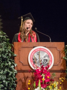 Taylor Herren gives the Reflections speech at the College of Agriculture Commencement in May 2014.